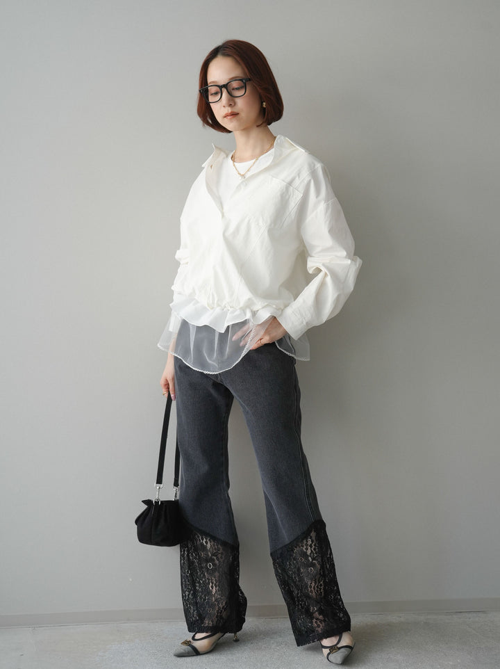 [予約]レース切替フレアデニムパンツ/black