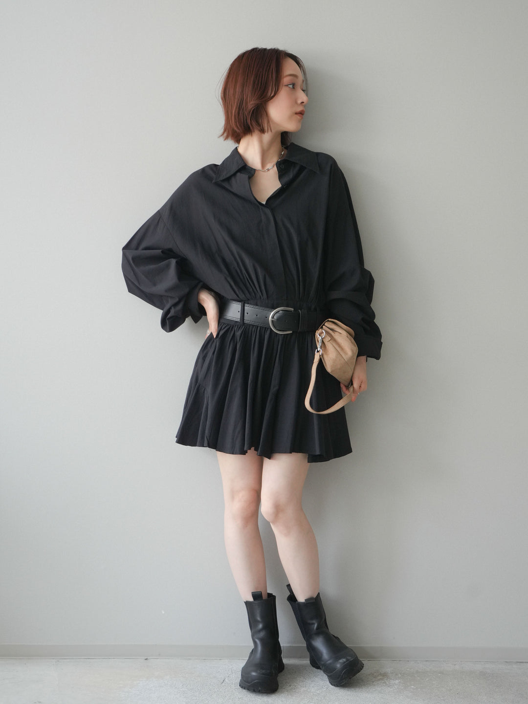 [予約]ベルト付フレアシャツミニワンピース/black