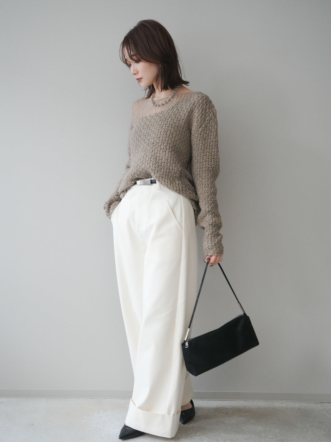 [予約]ベルト付き折り返しコットンツイルワイドパンツ/ivory