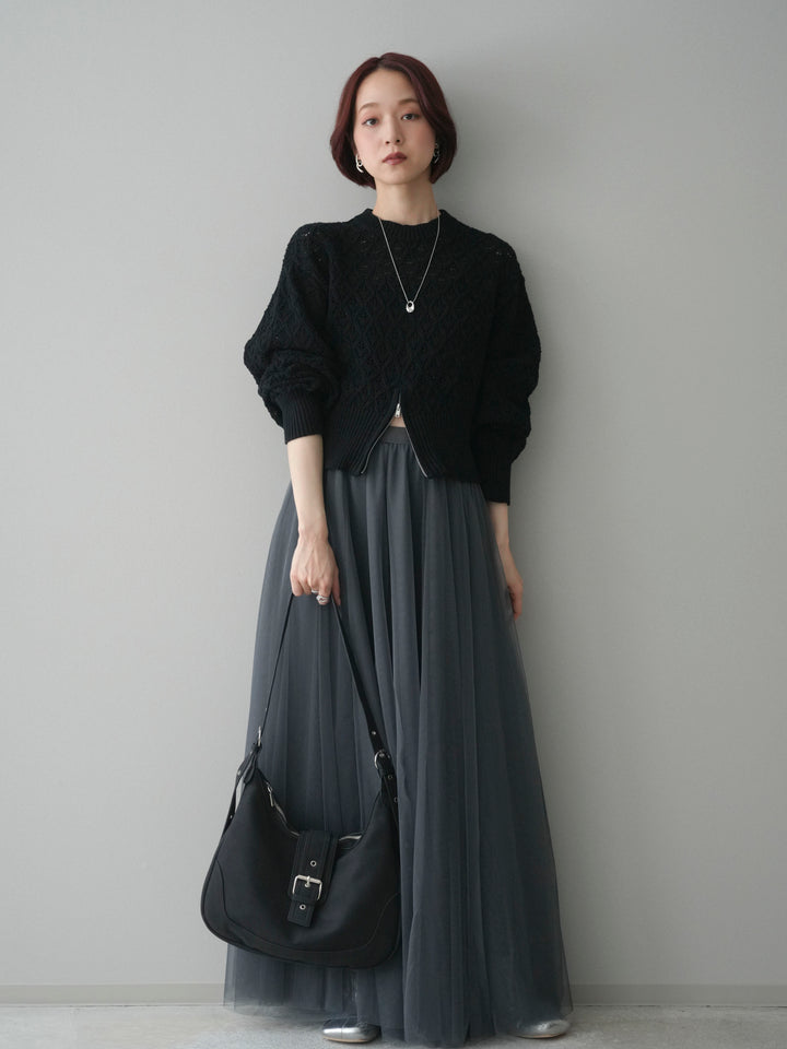 [予約]透かし編みフロントジップスリットニットプルオーバー/black