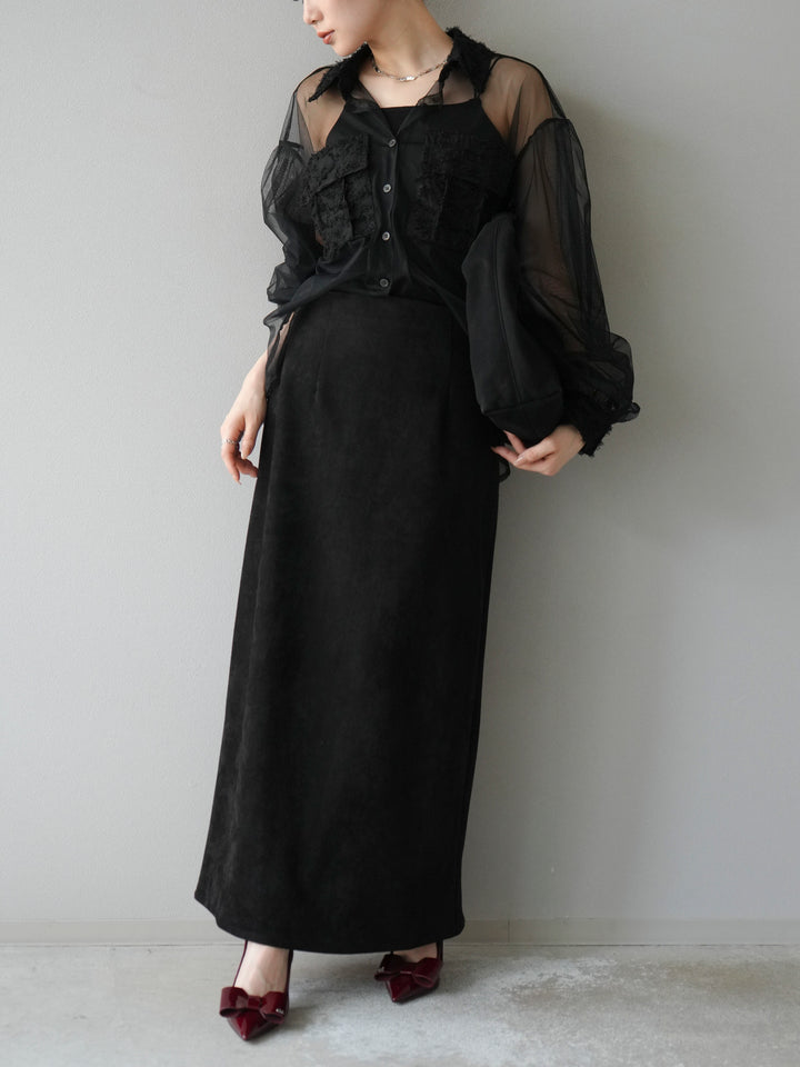 [予約]フリンジジャガード×チュールレイヤードシャツ/ブラック