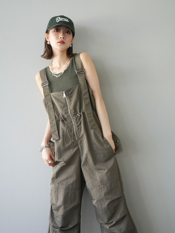 [予約]ナイロンタックデザインサロペット/カーキ