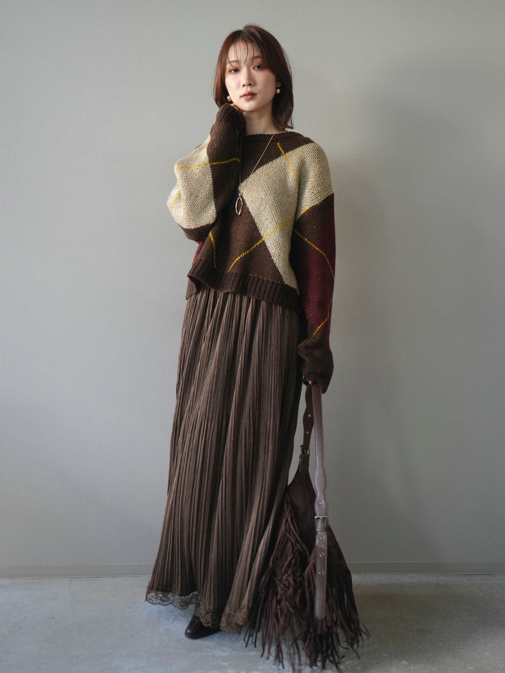 [予約]配色ステッチアーガイル柄ニットプルオーバー/brown