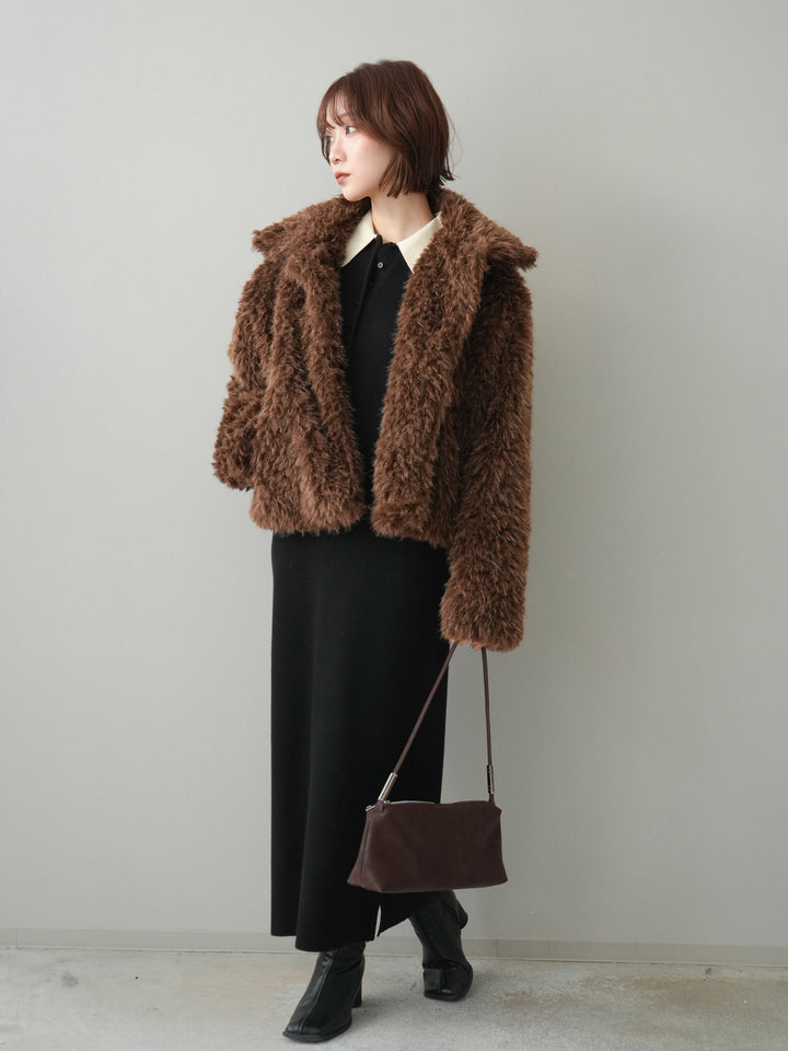 [SET]配色ポロニットワンピース+フェイクファー襟付きショートブルゾン(2set)