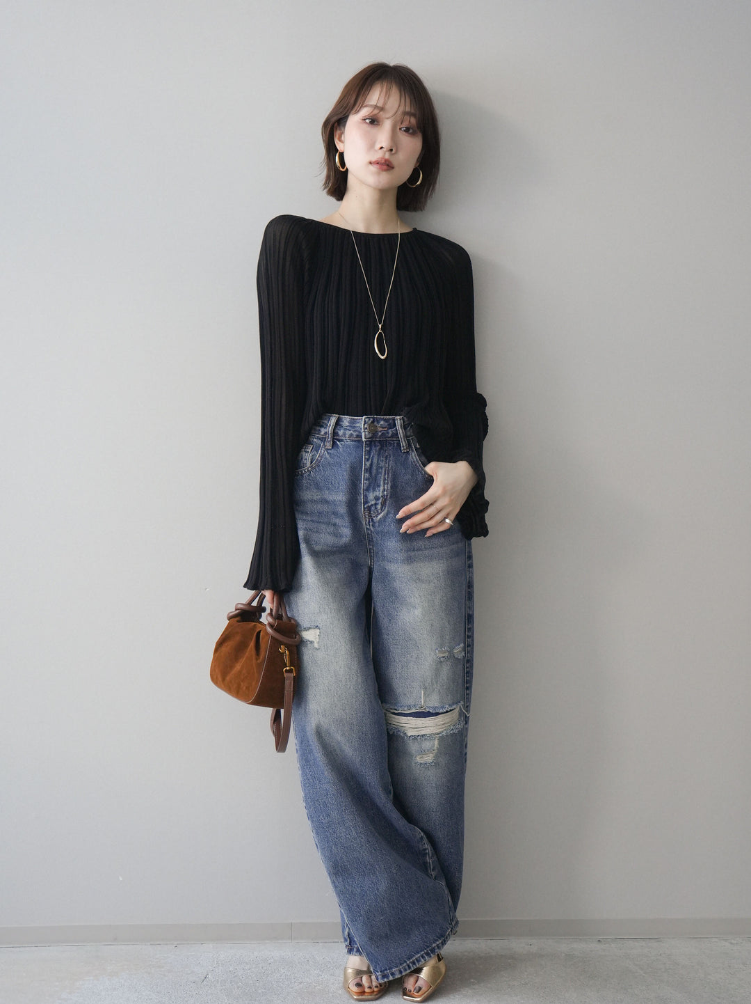 [SET]プリーツシアーフレアスリーブニットトップス+選べるアクセセット(2set)