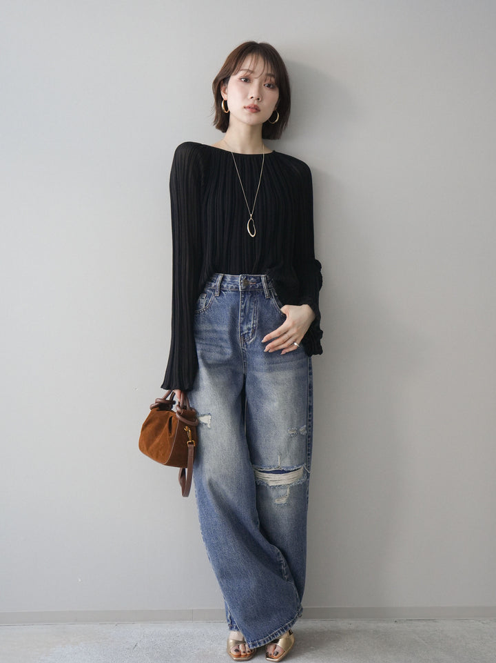 [SET]プリーツシアーフレアスリーブニットトップス+選べるアクセセット(2set)