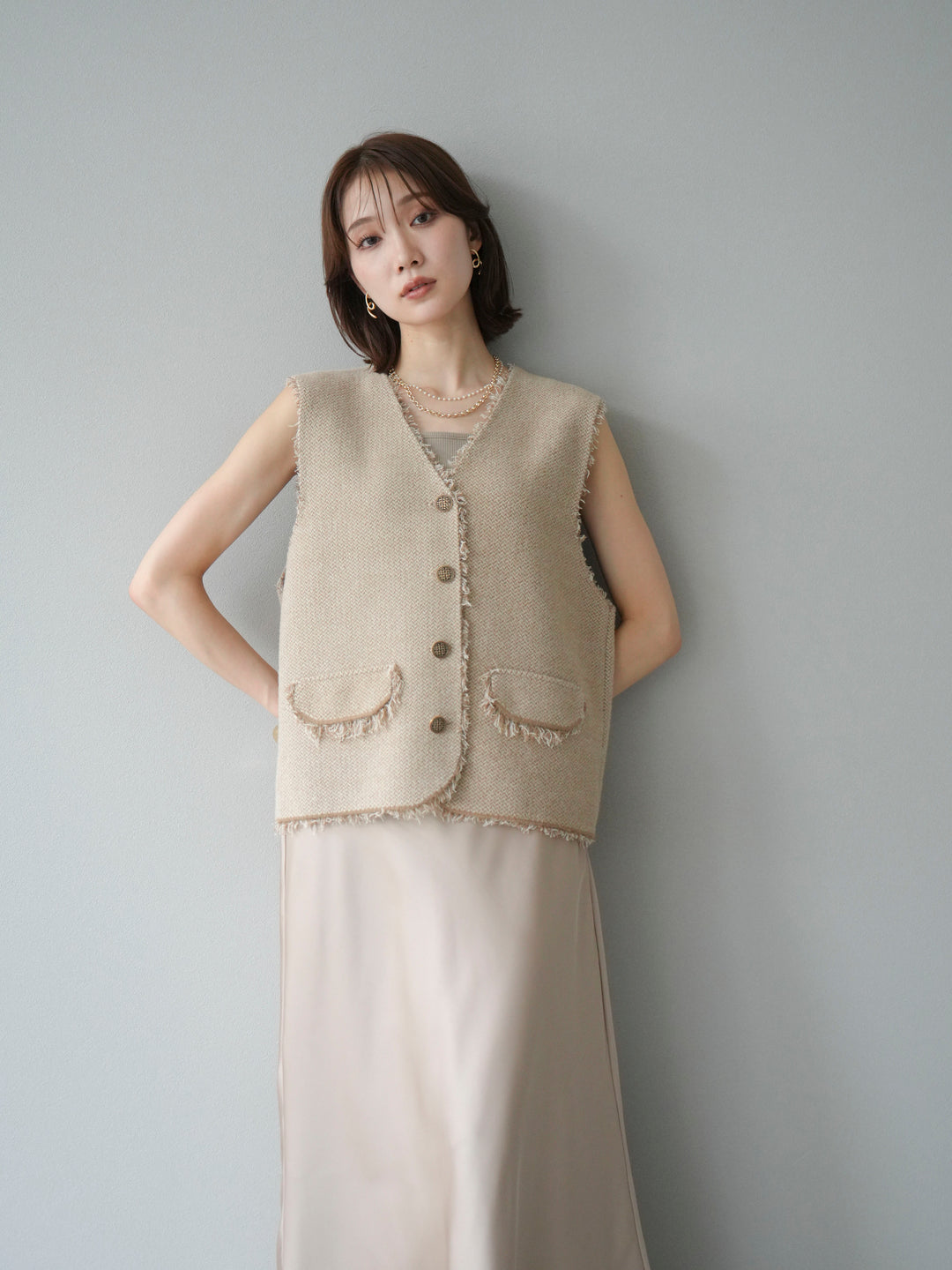 [予約]ツイードライクフリンジニットベスト/ベージュ