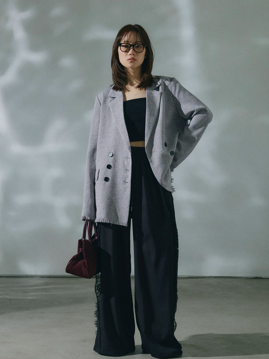 【Allure】[SET]スラブツイードフリンジテーラージャケット+サイドピンタックレースイージーワイドパンツ(2set)