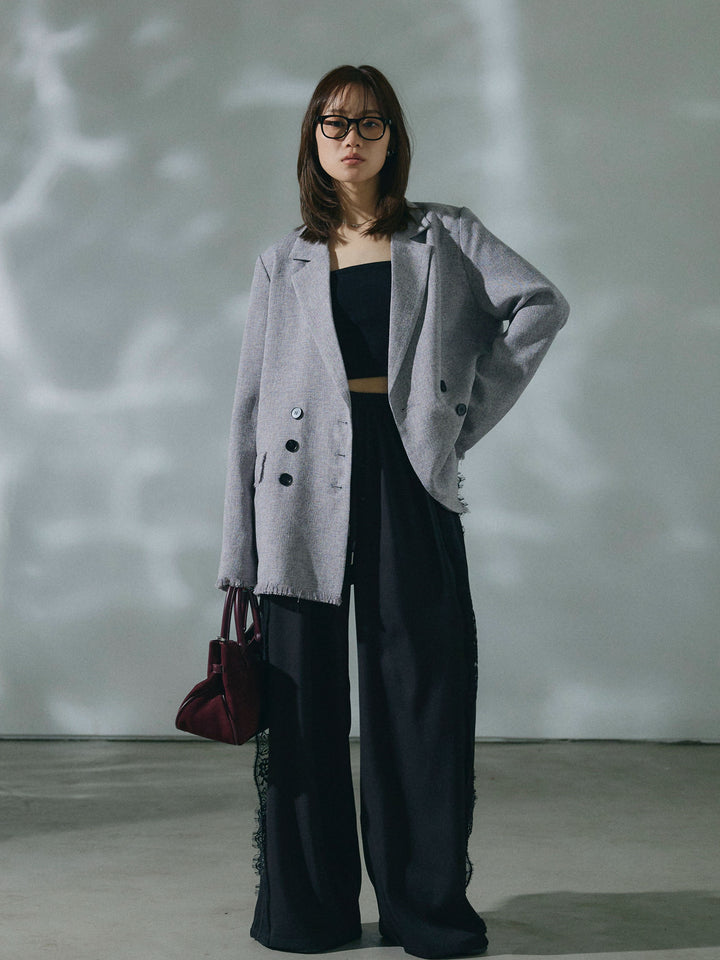 【Allure】[SET]スラブツイードフリンジテーラージャケット+サイドピンタックレースイージーワイドパンツ(2set)