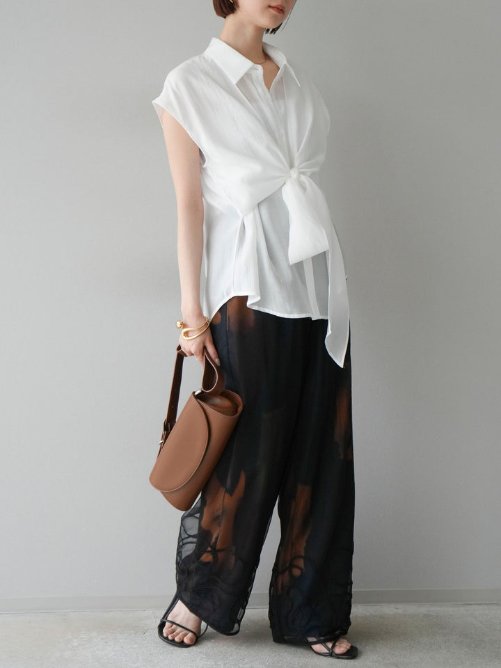 [SET] 前繫帶透視上衣 + 水彩藝術休閒褲 (2 件組)