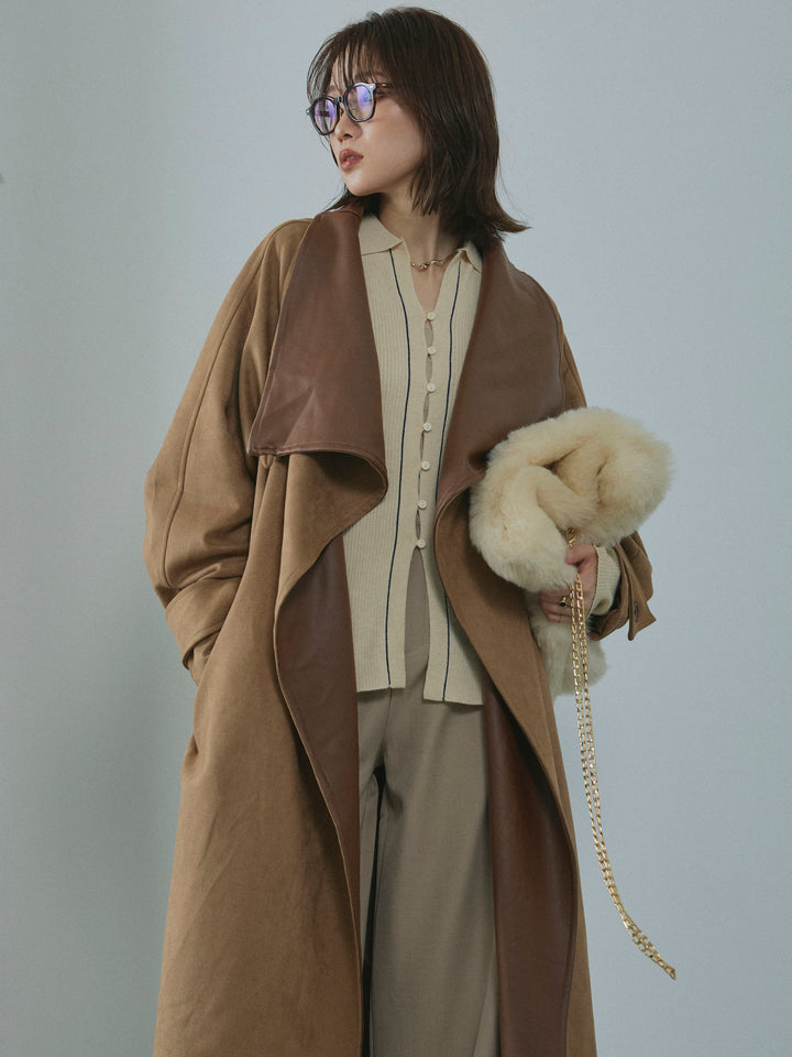 【Allure】[SET]レザーカラースウェードロングコート+サイドタックワイドパンツ(2set)