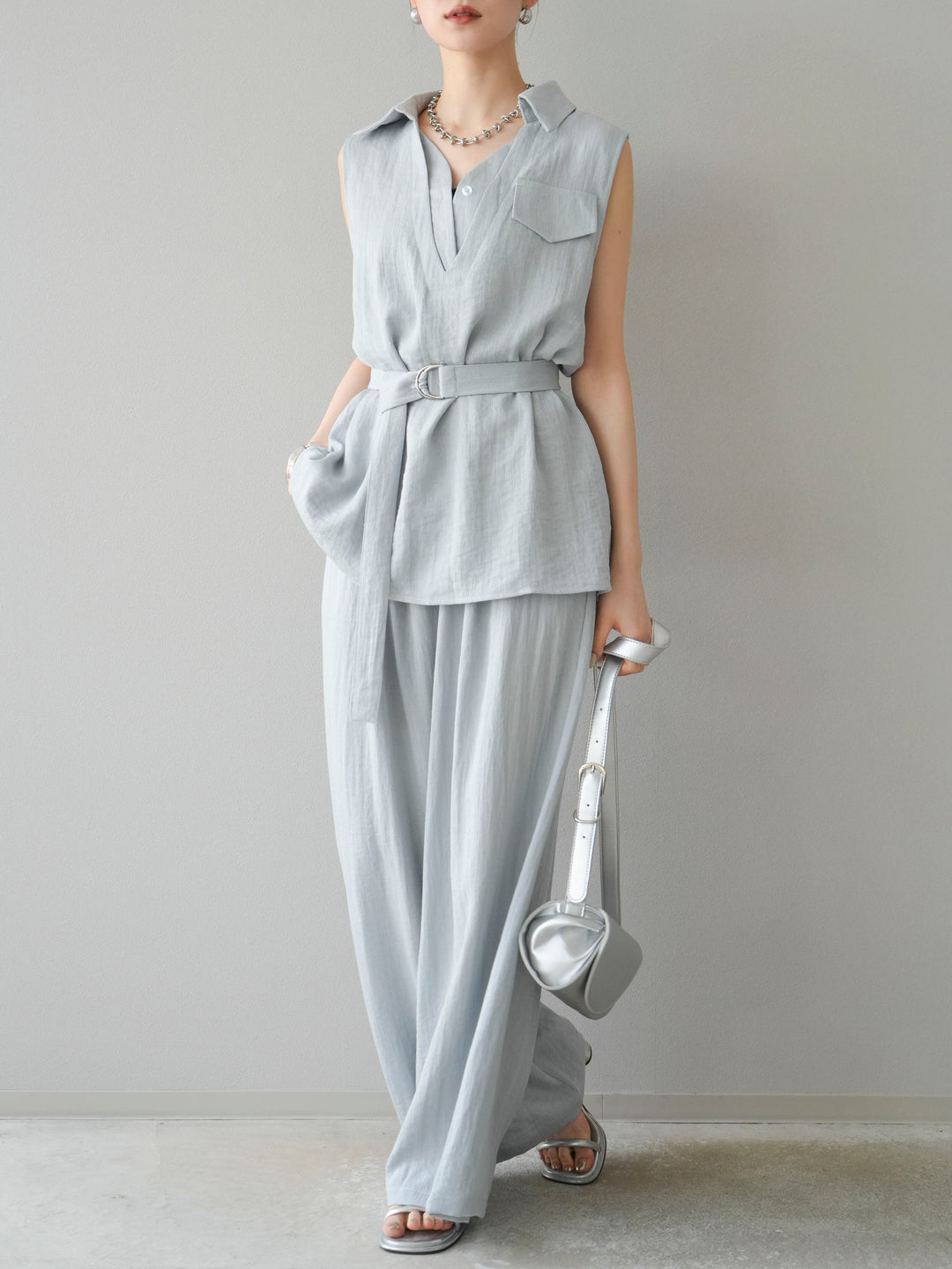 [SET]リネンライクスキッパーブラウス＆ワイドパンツSET UP