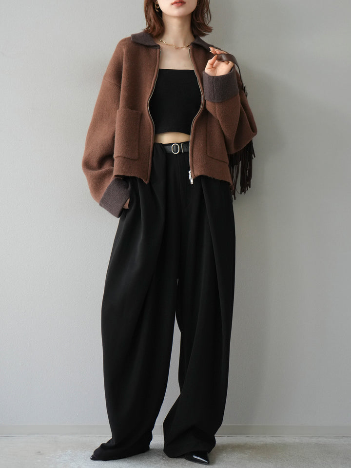 [予約]ポロ襟ジップニットカーディガン/キャメル