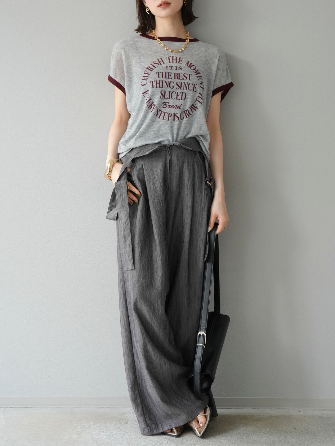 [予約]ストリングデザインハイウエストサロペット/チャコール