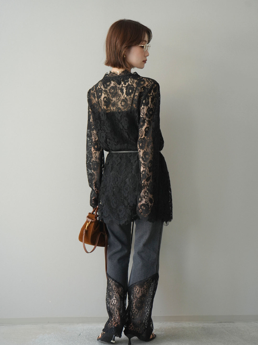 [予約]レース切替フレアデニムパンツ/black