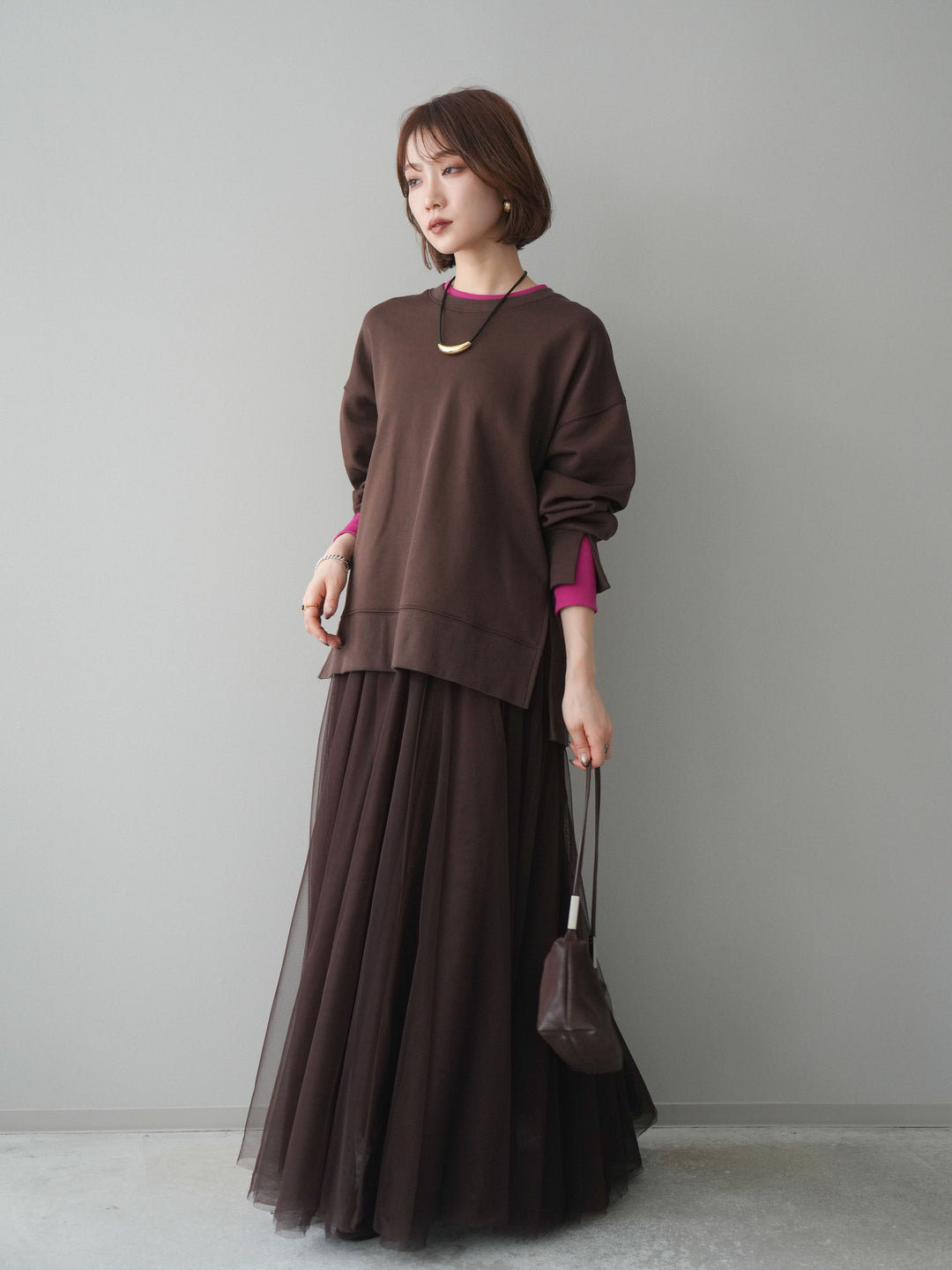 [SET]配色レイヤードデザインスエットプルオーバー+チュールボリュームスカート(2set)