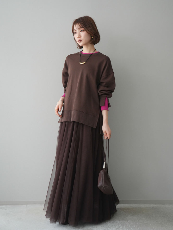 [SET]配色レイヤードデザインスエットプルオーバー+チュールボリュームスカート(2set)