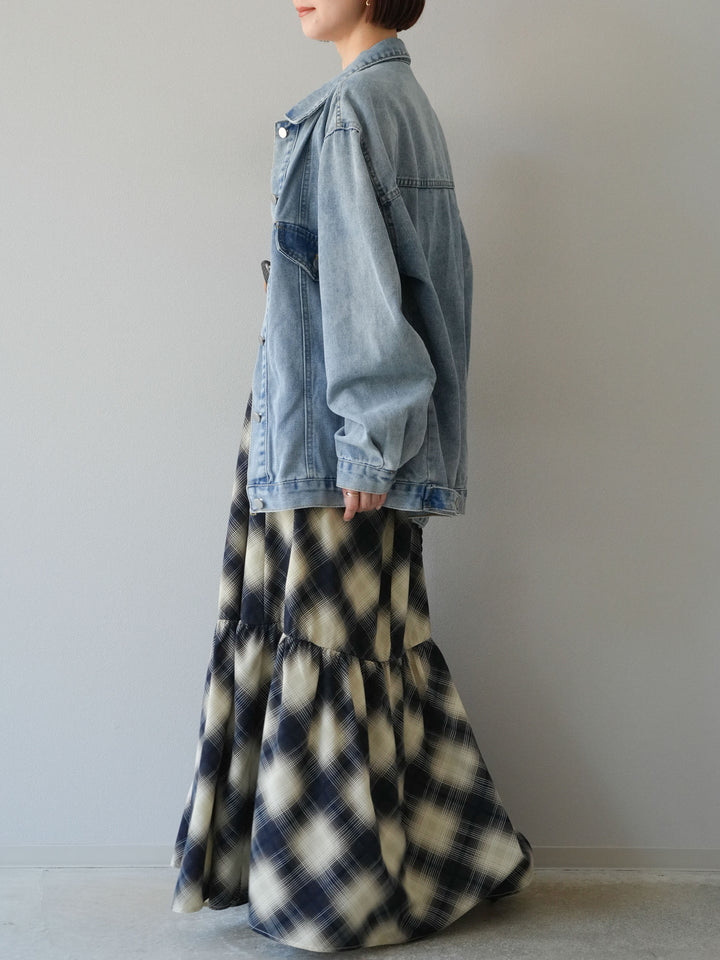 [SET]ベルト付チェックノースリーブワンピース+ビンテージデザインBIGデニムジャケット(2set)