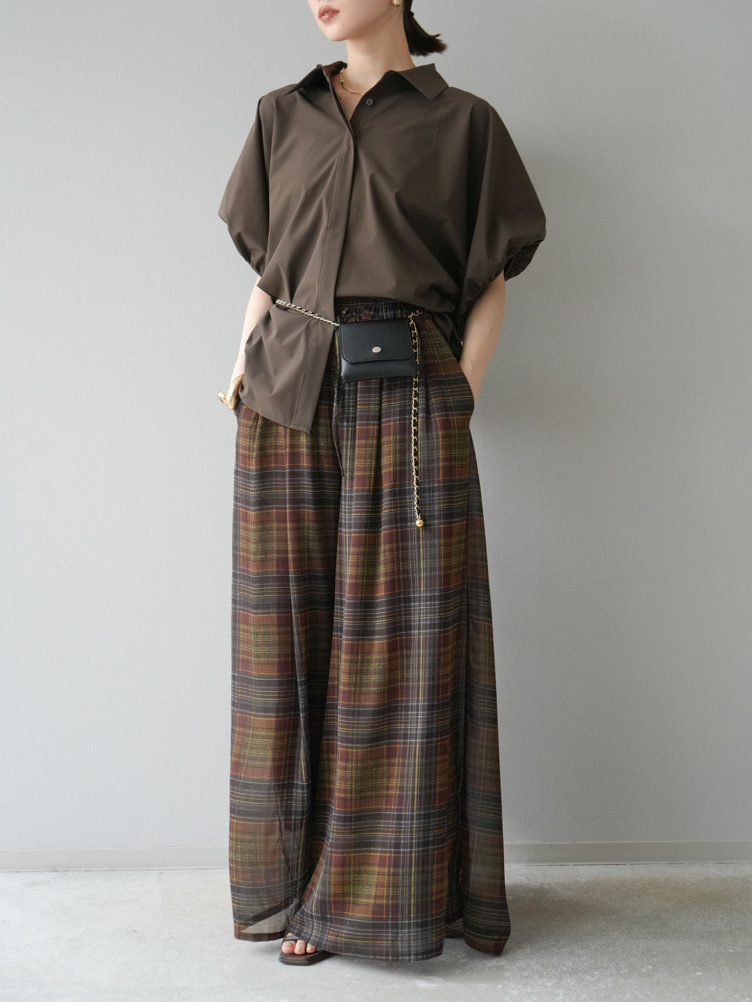 [預購] 透視格紋寬鬆褲/棕色