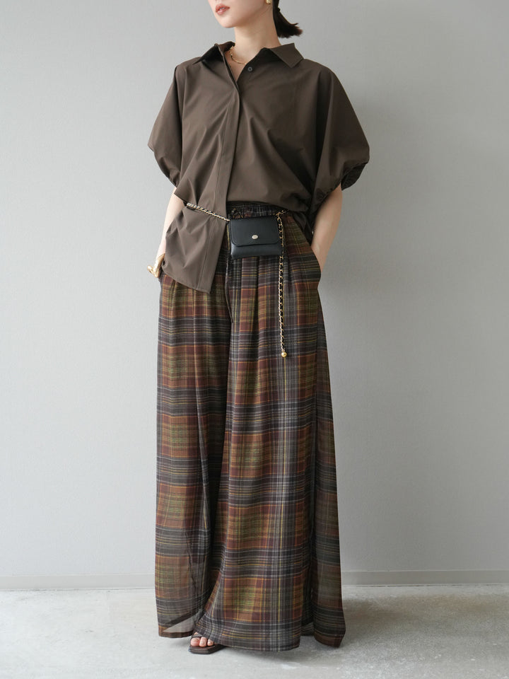 [預購] 透視格紋寬鬆褲/棕色