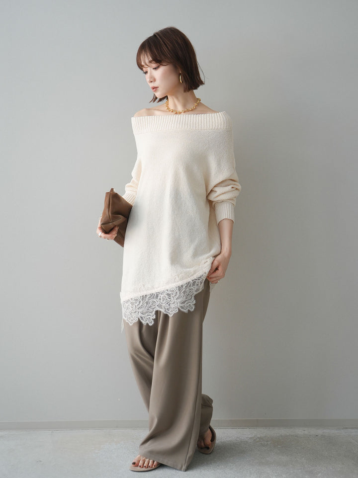 [SET]アシンメトリーレースヘムニットプルオーバー+ベルト付キーホルダーモチーフワイドパンツ(2set)
