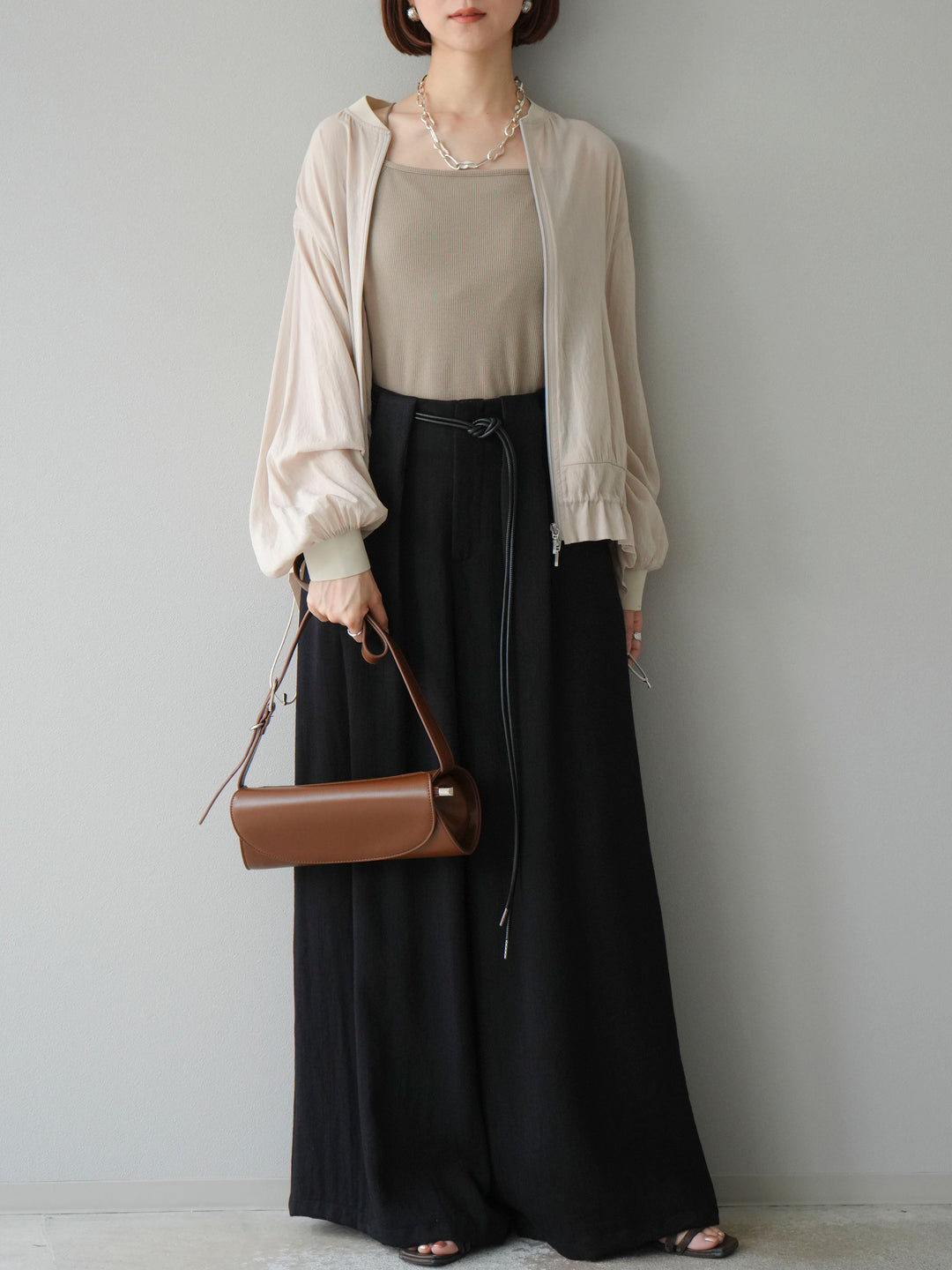 [予約]ロープデザインベルトリネンタッチワイドパンツ/ブラック