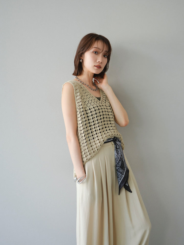 [予約]レースアップクロシェ編みニットベスト/ベージュ
