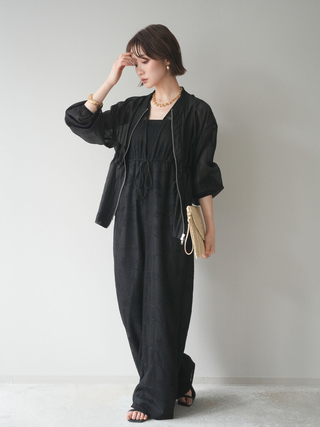 [SET]レース刺繍サロペット+ドロストシアーブルゾン(2set)