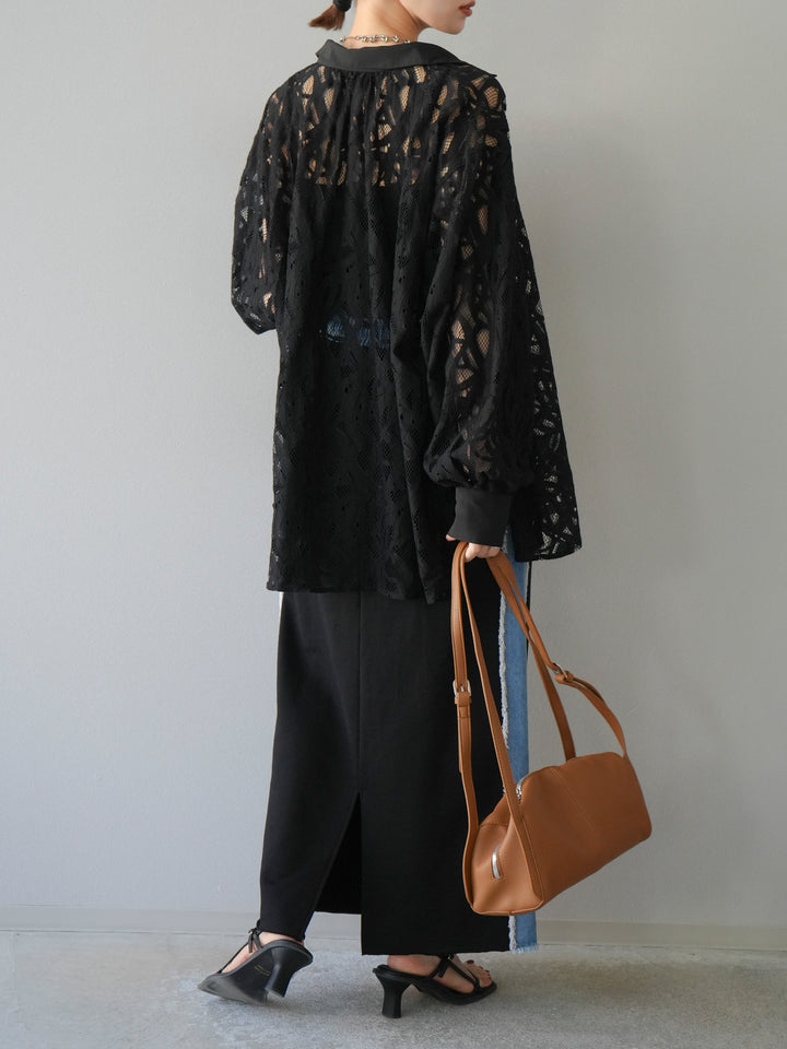 [SET]コードレースオーバーシャツ+デニムドッキングスウェットスカート(2set)