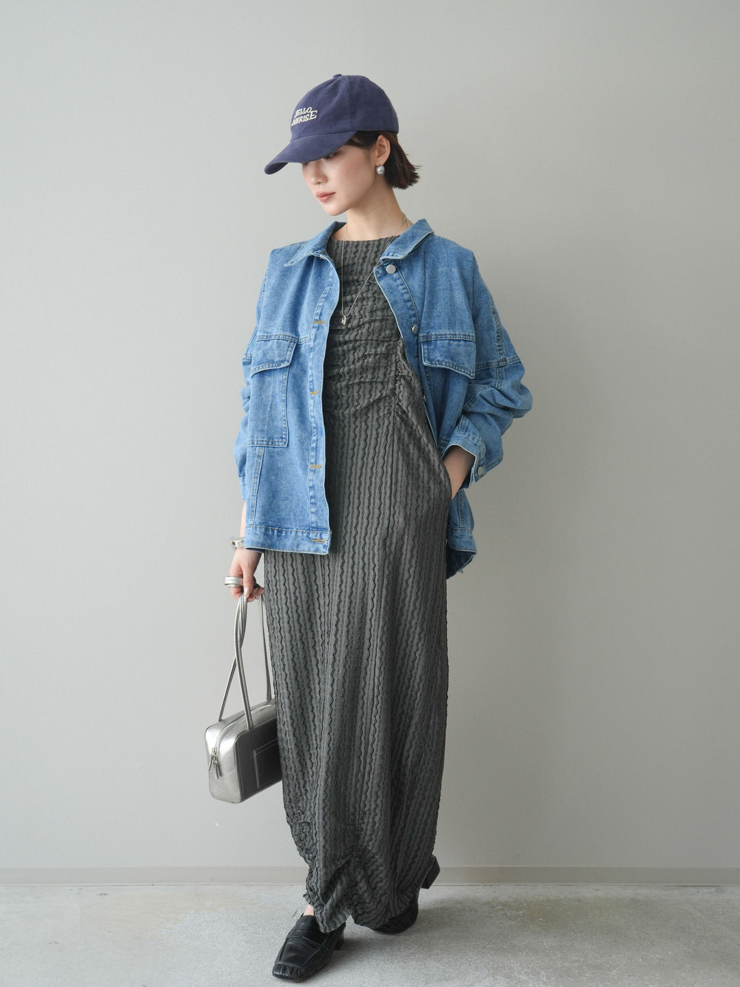 [予約]シャーリングジャガードノースリーブワンピース/gray