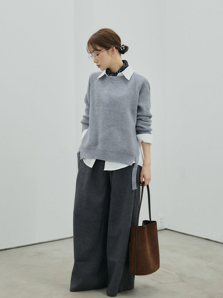 [予約]サイドスリット畦編みニットプルオーバーシャツアンサンブル/gray