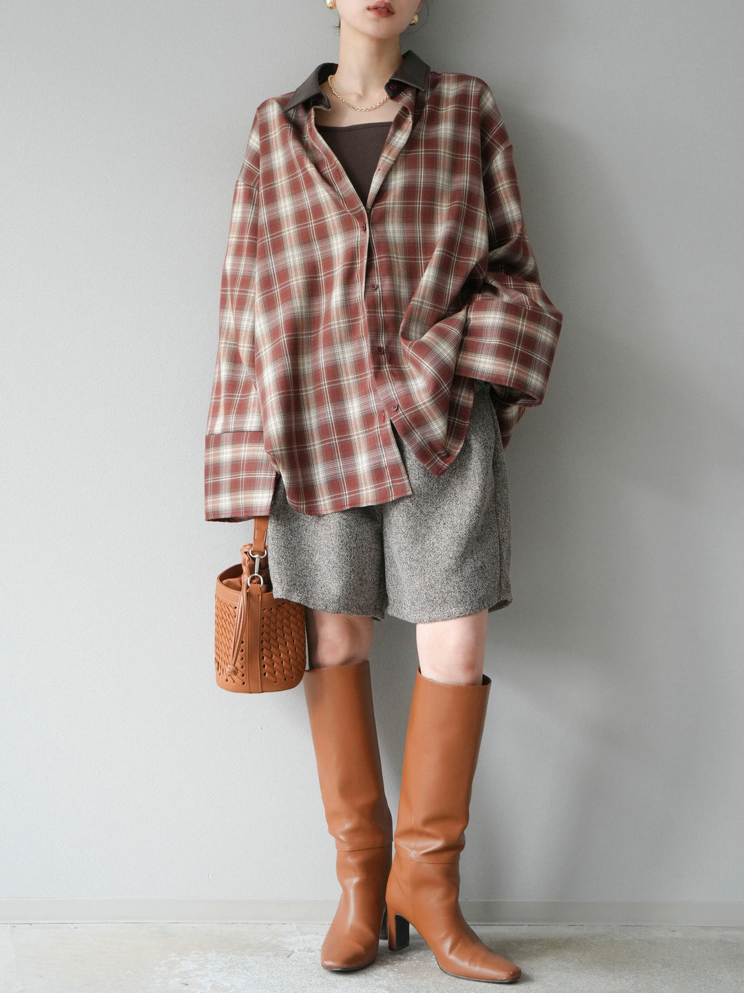 [SET]レザー襟オンブレチェックオーバーシャツ +ツイードハーフパンツ(2set)