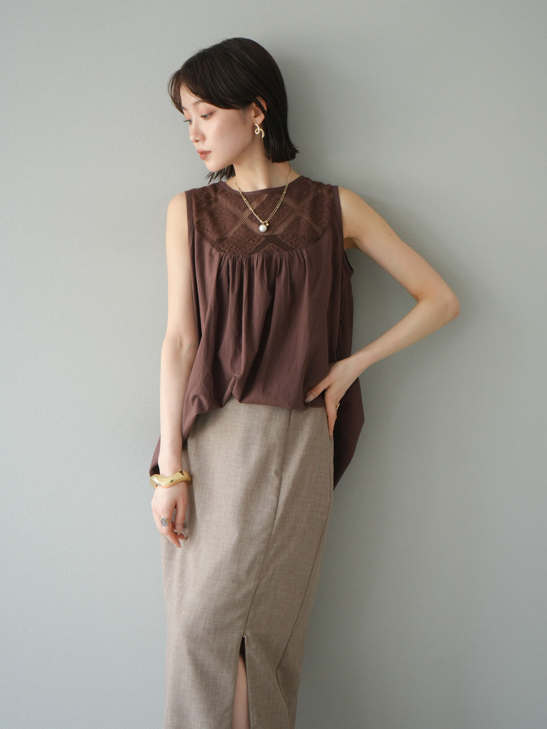[予約]インド製コットンレース切替ノースリブラウス/ブラウン