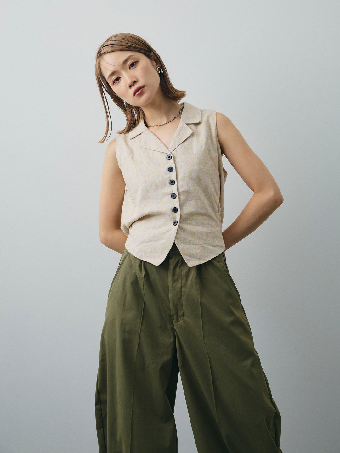 [SET]リネンライクテーラードジレ+コクーンワイドチノパンツ(2set)