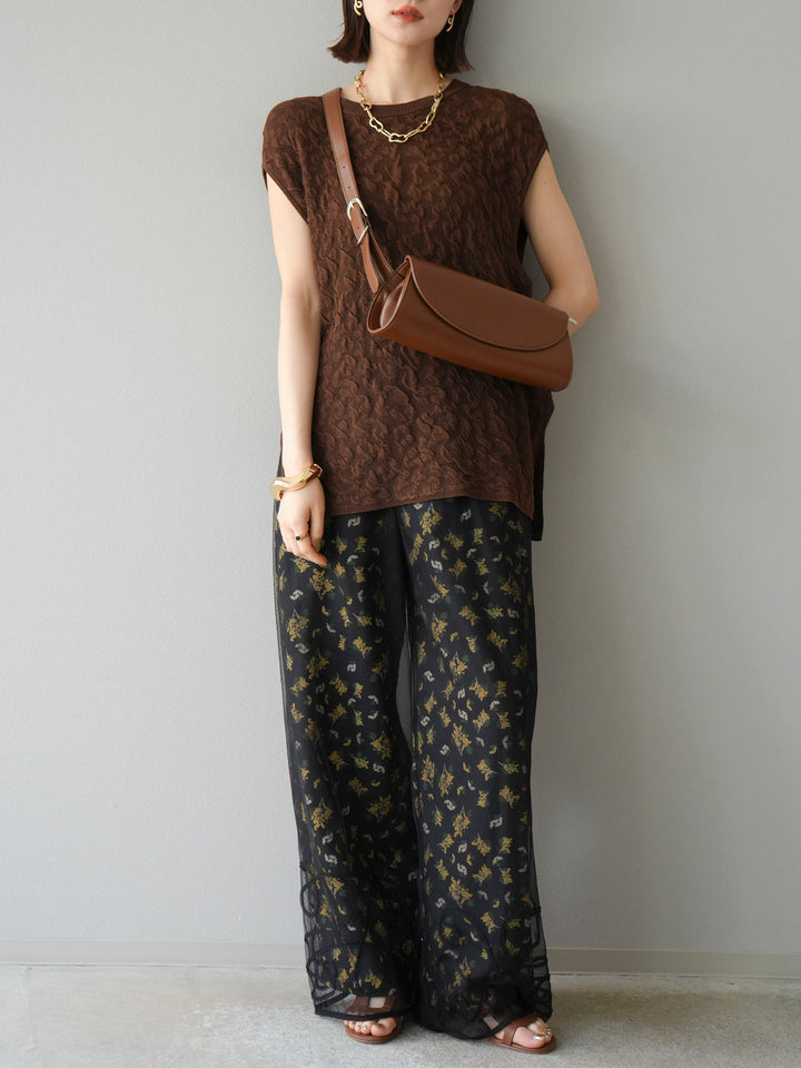 [SET]ポコポコノースリーブニットプルオーバー+コード刺繍チュールレイヤードパンツ(2set)