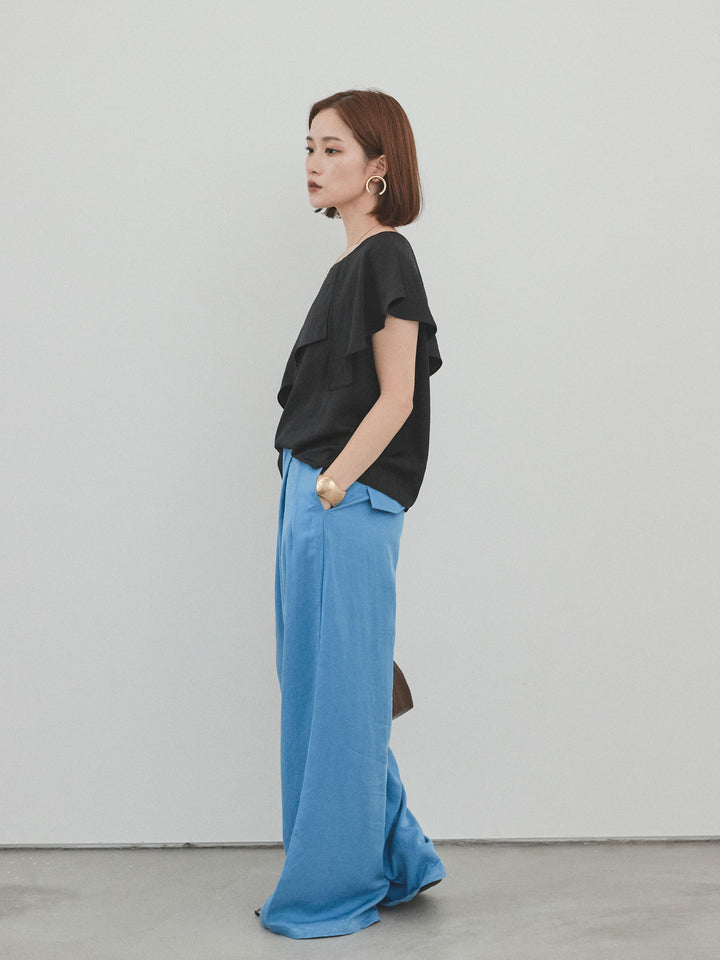 【預訂】亞麻觸感褶邊闊腿褲/藍色