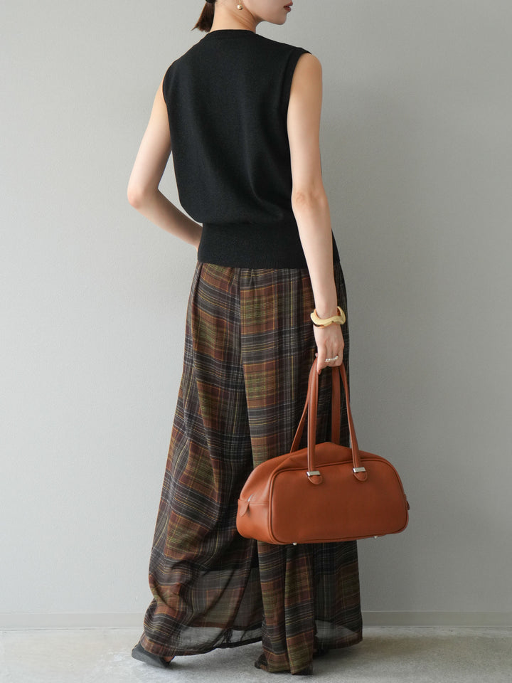 [SET] 金銀絲針織背心 + 透視格紋寬鬆褲 (2 件套)