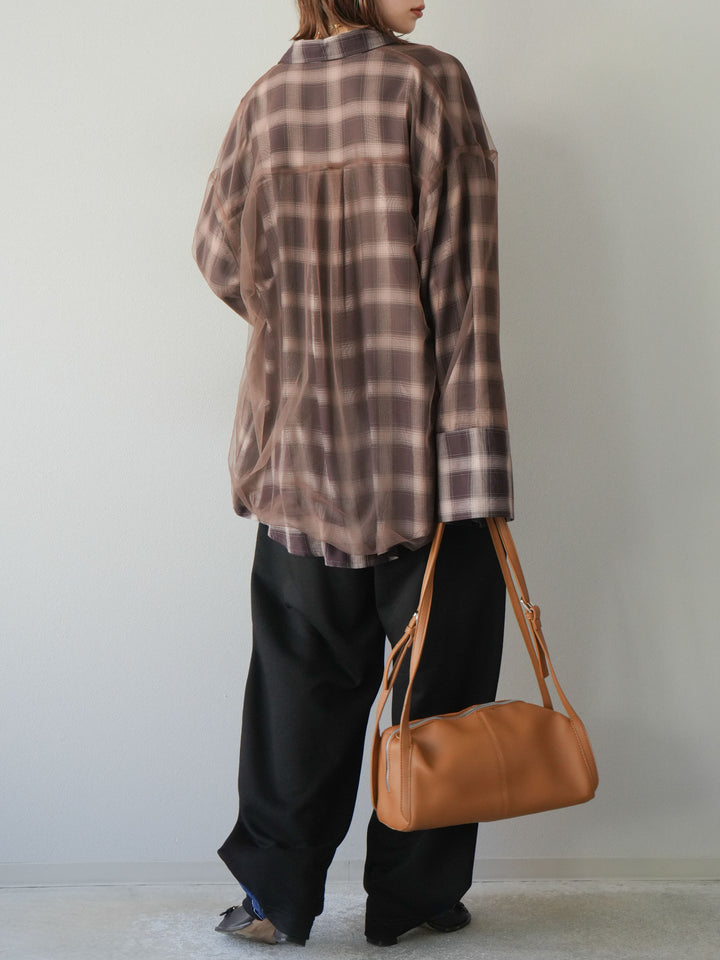 [套裝] 薄紗對接格紋寬鬆襯衫 + 牛仔布 Switch 2-Way 設計運動褲 (2 套)