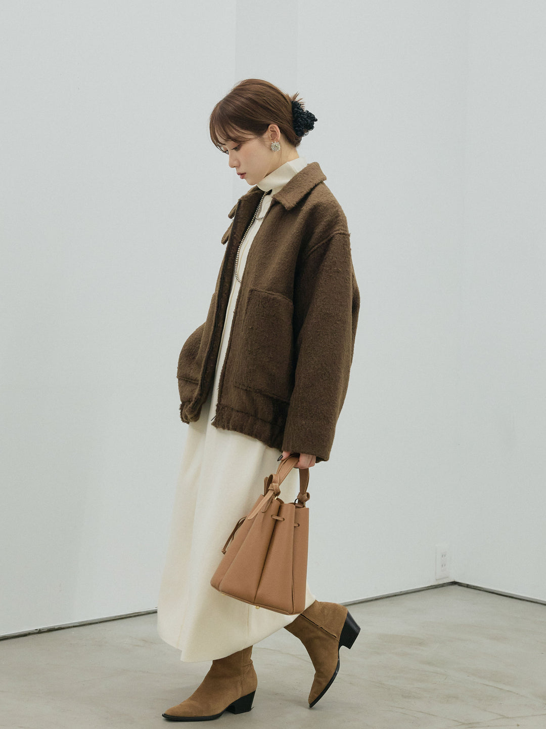 【Allure】[SET]ボトルネックルーズニットワンピース+スタンドカラーシャギーフライトジャケット(2set)