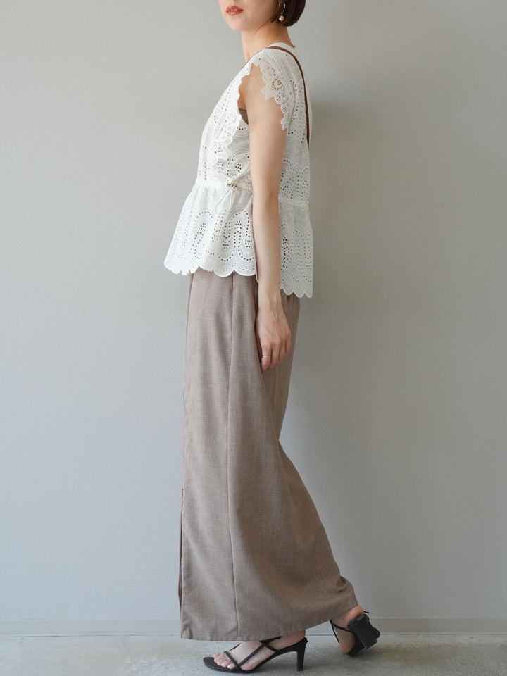 [SET] 扇貝刺繡蕾絲上衣 + 亞麻質感拉鍊開衩緊身裙（2件套）