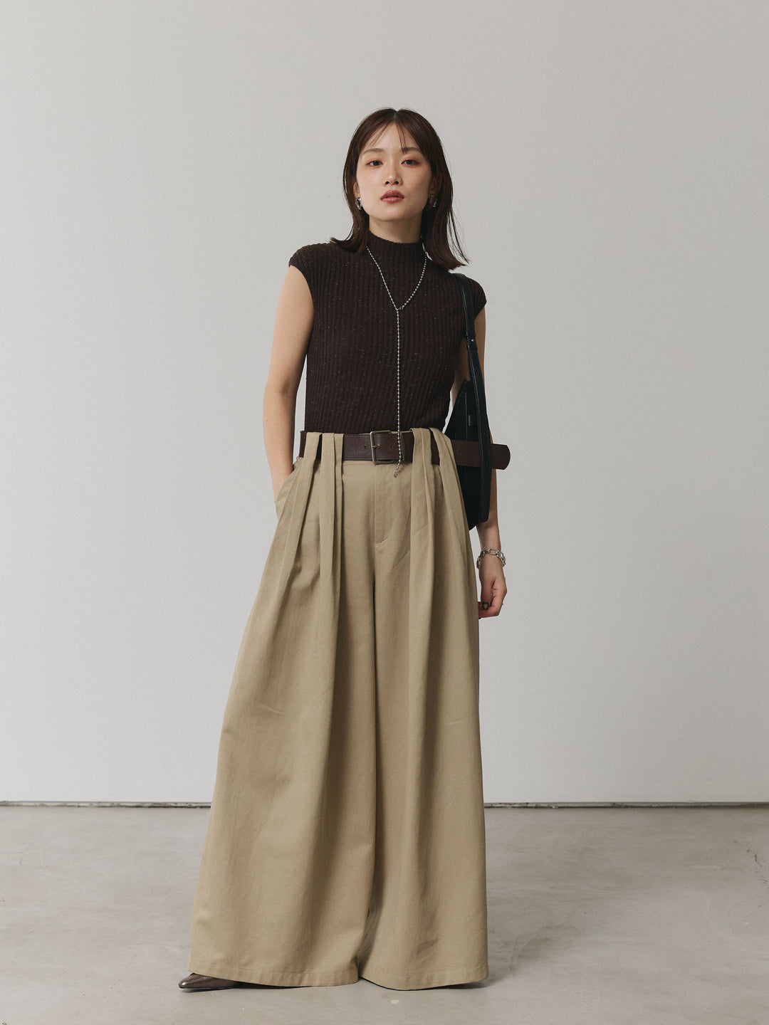 [予約]ミックスヤーンデザインリブフレンチスリーブニット/ブラウン