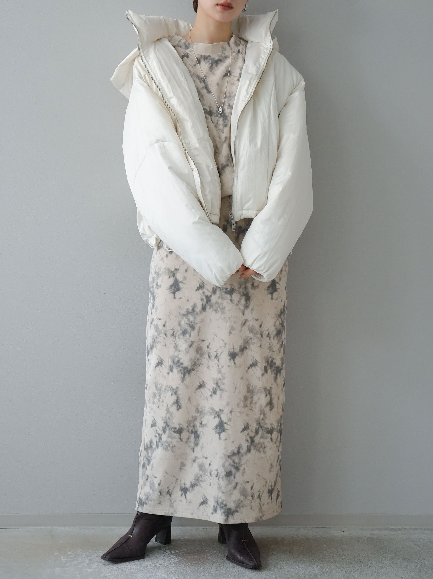 SET]ファイバーダウンシャイニージャケット+ニュアンス柄ピーチ起毛