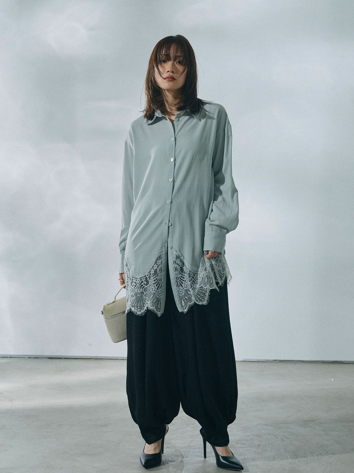【Allure】[SET]裾レースポプリンシャツ+ワッシャーサテンタックジョガーパンツ(2set)