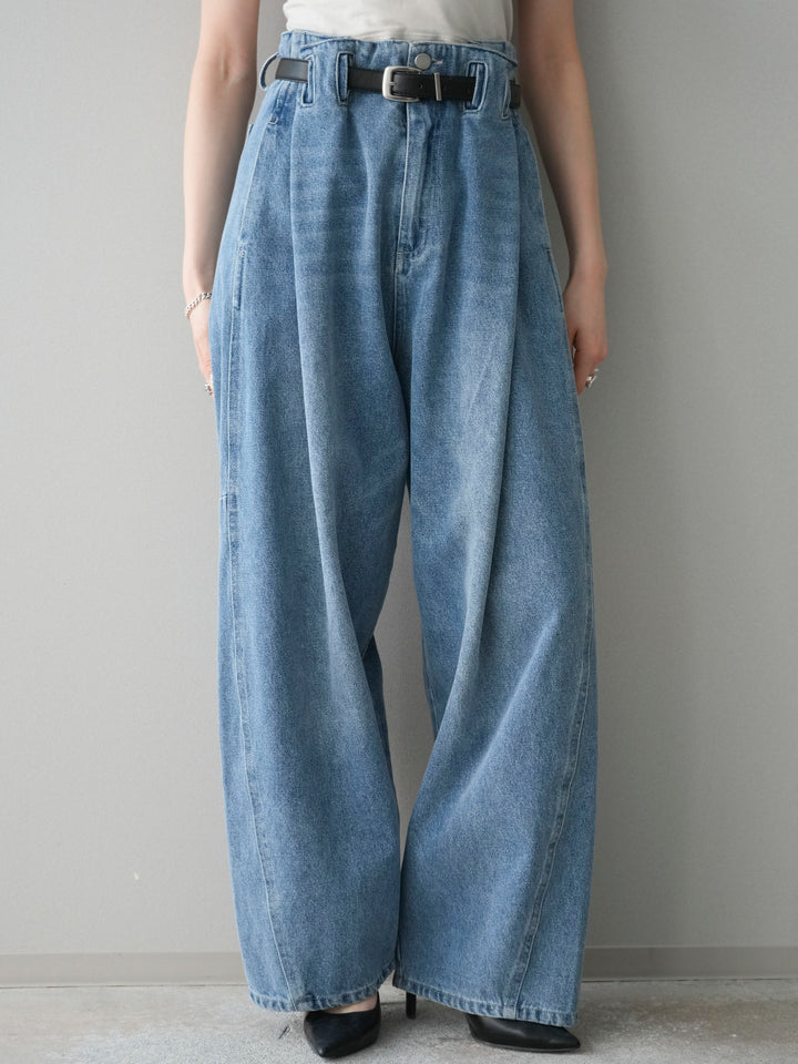 [予約]ハイウエストベルトループデザインデニムパンツ/blue