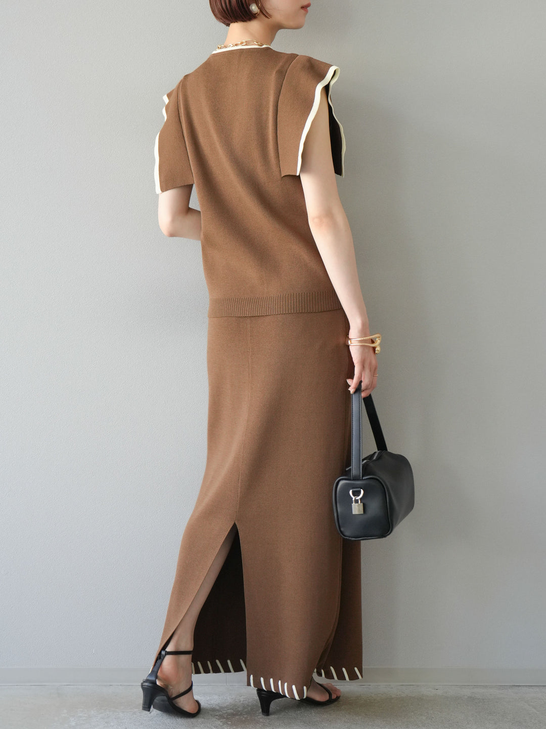 [予約]リネンタッチハンドステッチニットタイトスカート/モカ