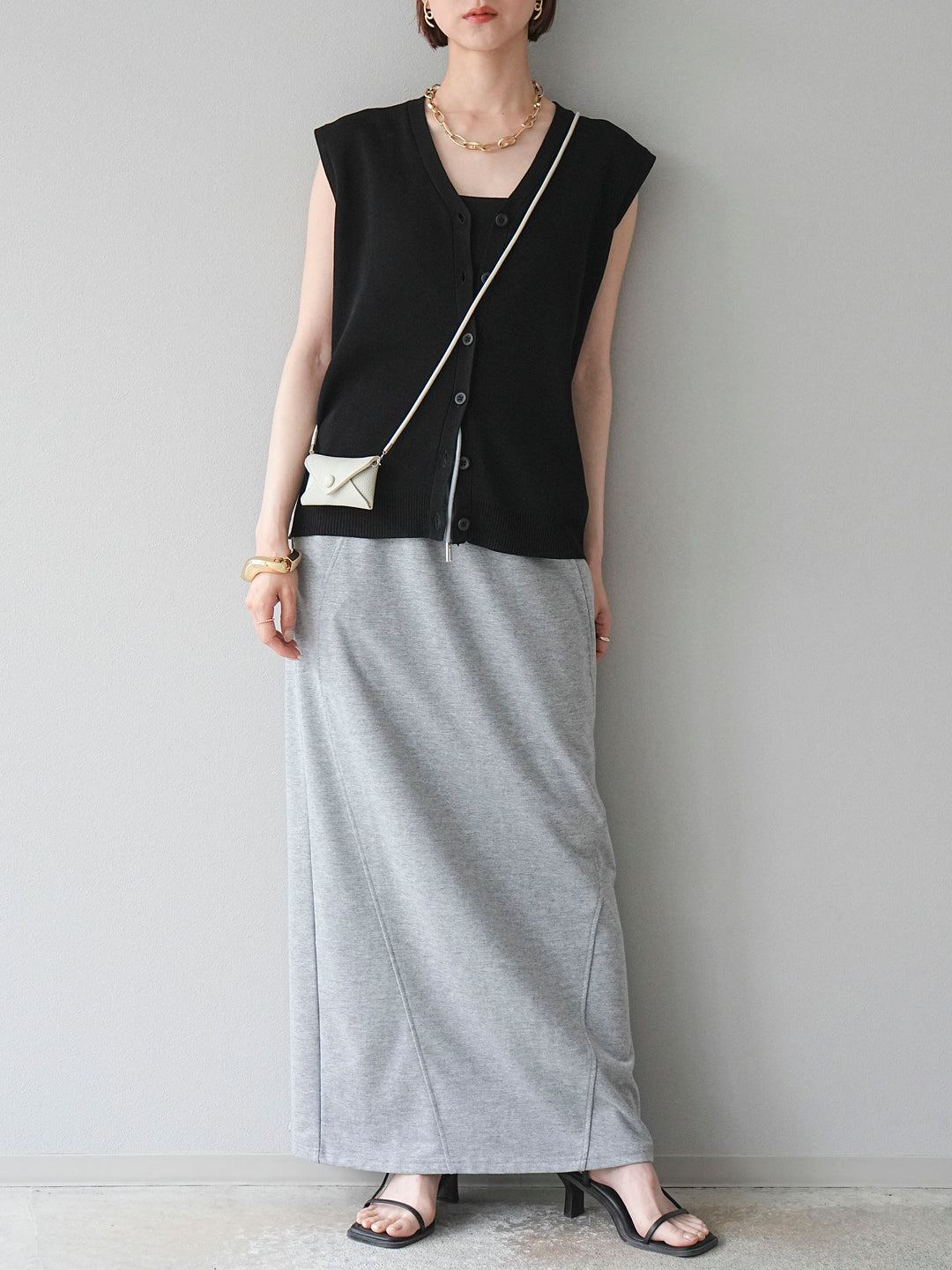 [SET]Vネックレーヨンニットベスト+スウェットロングスカート(2set)