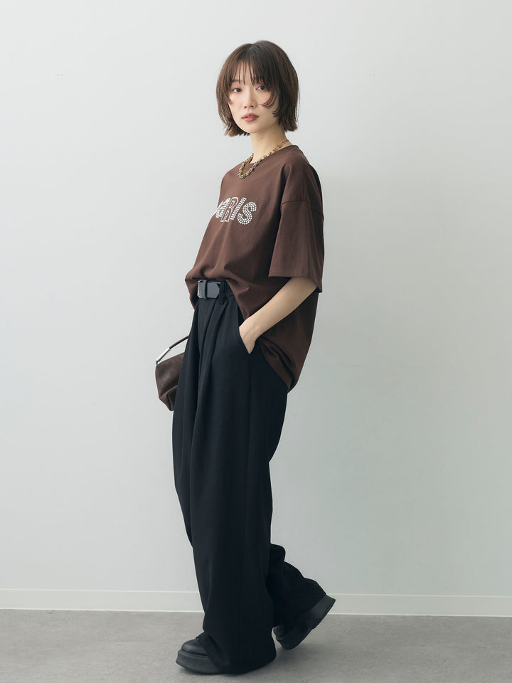 [SET]スタッズロゴTEE+ベルトデザインツータックドレープワイドパンツ(2set)
