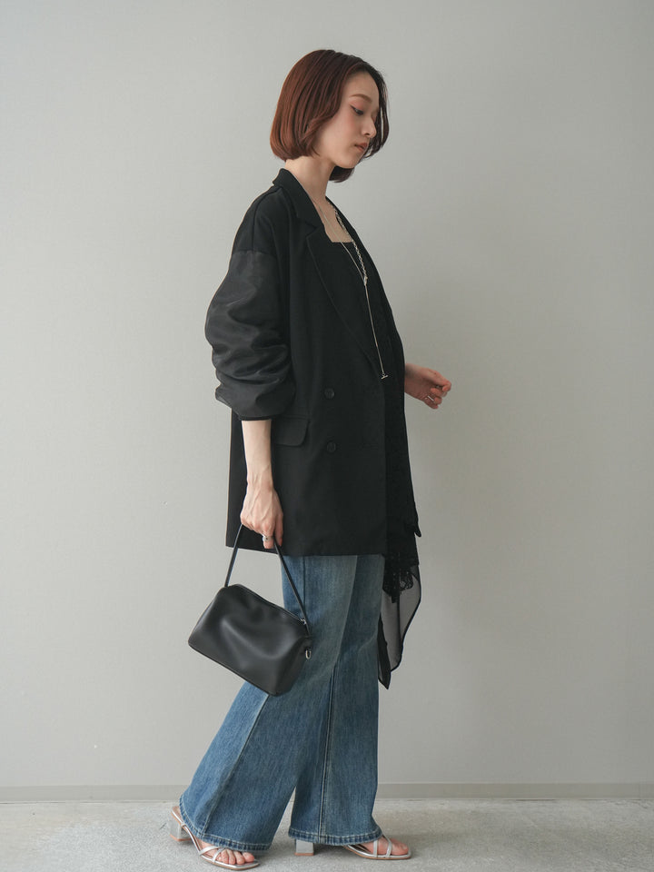 [SET]MA-1ドッキングデザインジャケット+シフォンレイヤードアシンメトリーレースキャミソール+ハイウエストフレアデニムパンツ(3set)