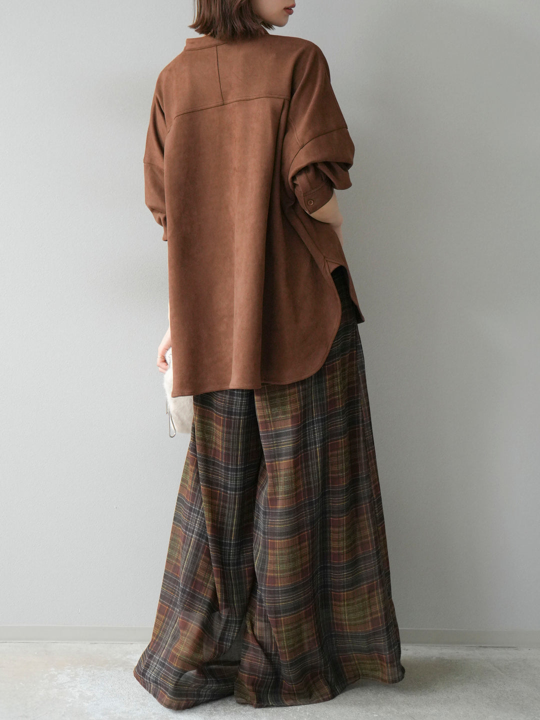 [SET]スエードバンドカラーオーバーシャツ+シアーチェックバギーパンツ(2set)