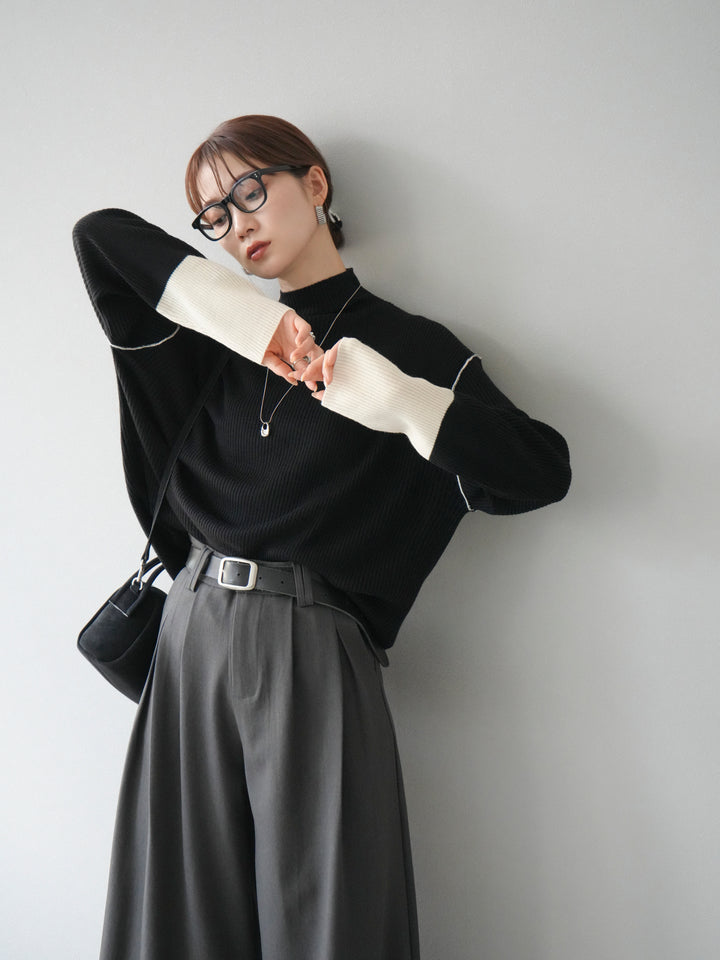 [予約]ボトルネック配色リブニットプルオーバー/ブラック×エクリュ